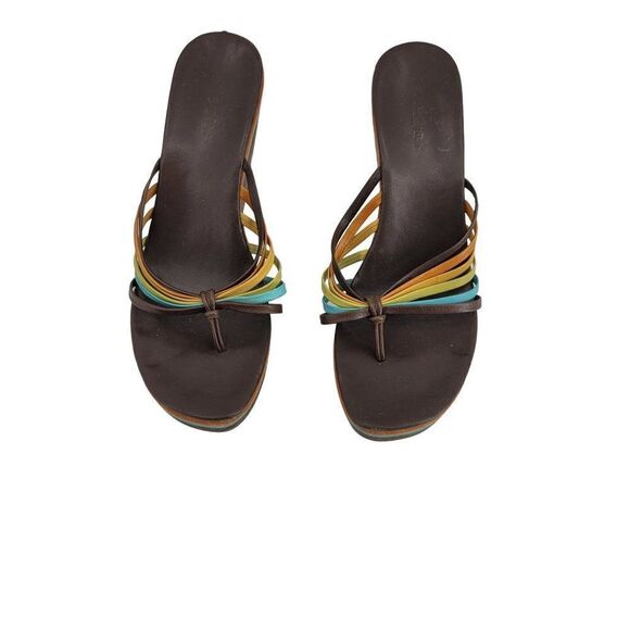 Vintage 90s BCBG Platform Wedge Sandals 9 Rainbow Strappy Wood Hippie Pride - Picture 5 of 11